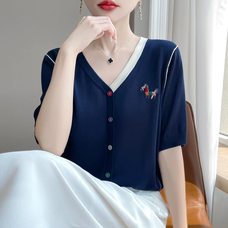 品牌小马刺绣V领开衫夏季时尚薄款外搭宽松显瘦气质减龄上衣