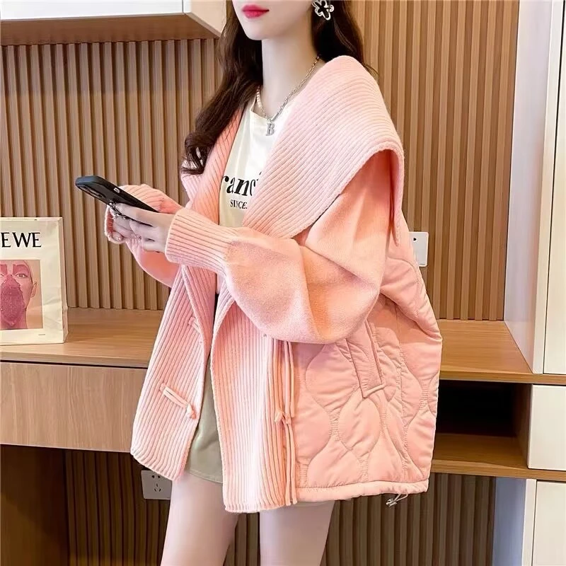 毛衣女秋季2025新款慵懒风宽松显瘦海军领拼接针织衫开衫大码外套