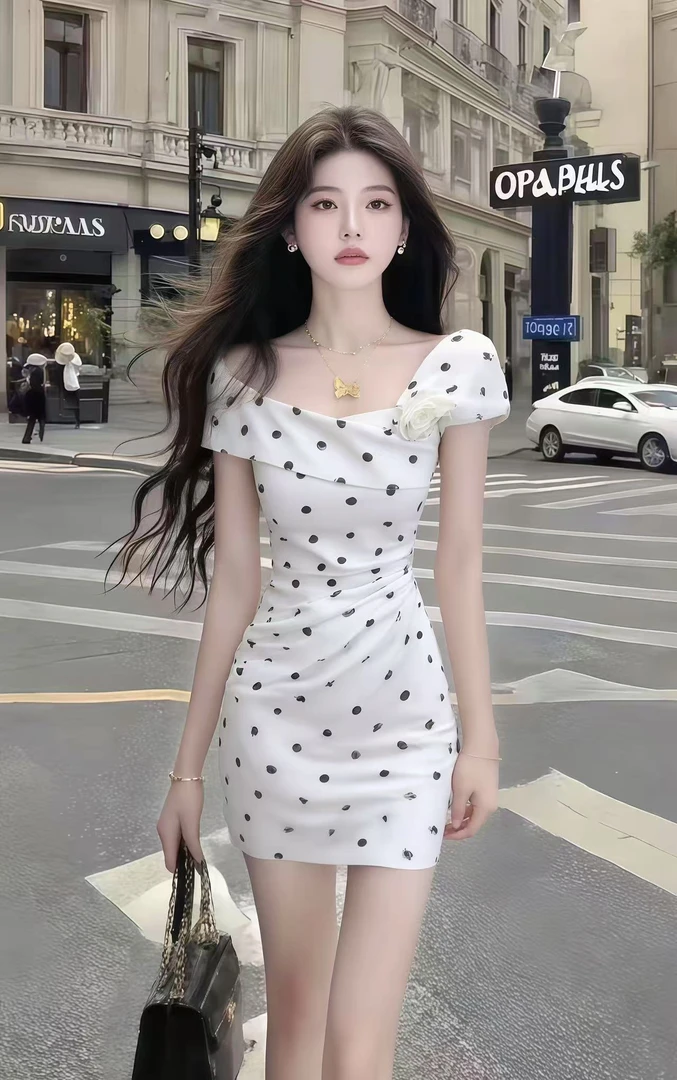 小个子温柔纯欲风不规则修身波点收腰包臀白色连衣裙女时尚短裙