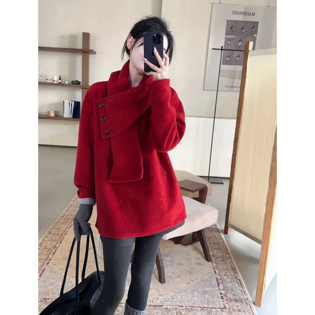 秋冬新款韩版时尚个性百搭ins软糯慵懒风气质红色针织衫女上衣