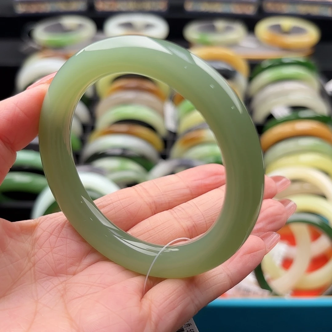 和田玉未镶嵌手镯粉青起猫细圆条55.1 性价比强推