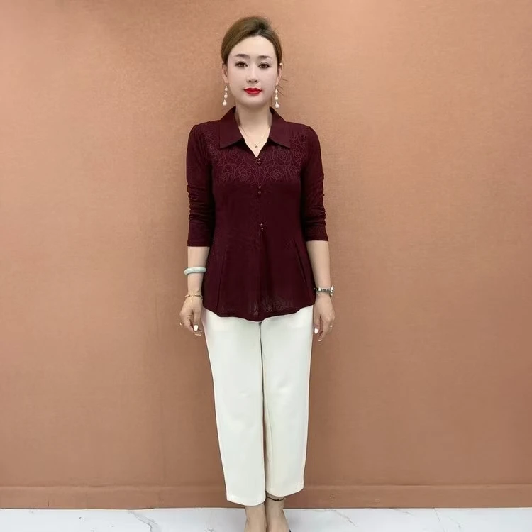 中老年女装初秋妈妈装遮肚印花衫修身小衫春季针织