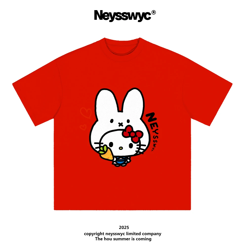 NEYSSWYC 【兔子】红色短袖T恤涂鸦可爱宽松情侣夏kt新款百搭呆萌