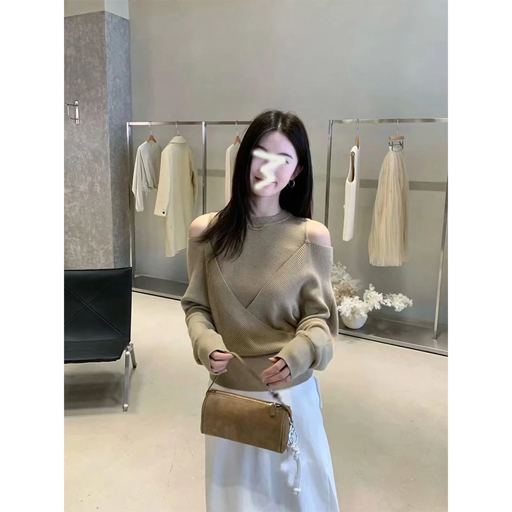 【迷人氛围】 6-8运补露肩针织衫女假两件蝙蝠袖设计感交叉毛衣上衣
