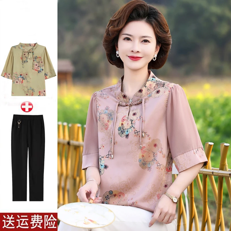 妈妈夏装2025新款短袖雪纺小衫时尚套装中老年女恤新中式上衣服