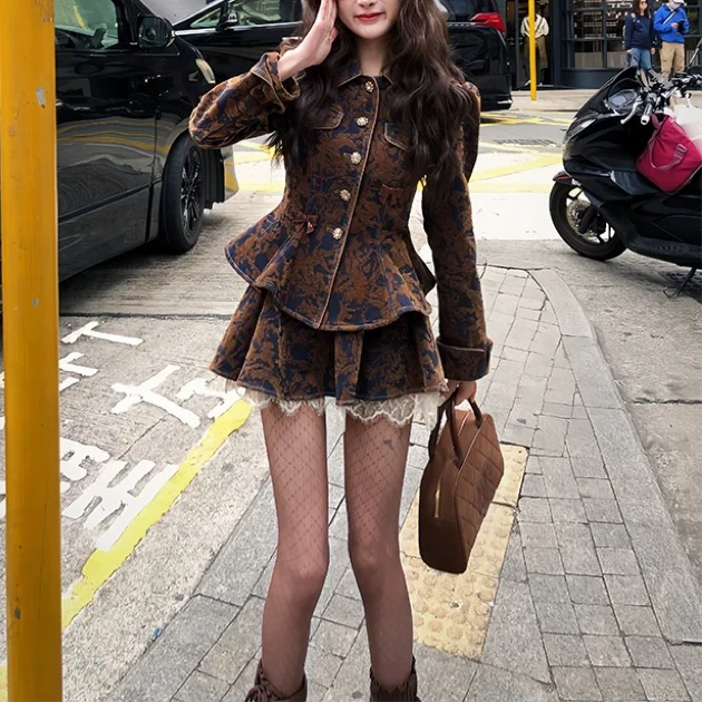甜美气质浪漫收腰植绒花纹外套+半身裙套装小众炸街高级感女装