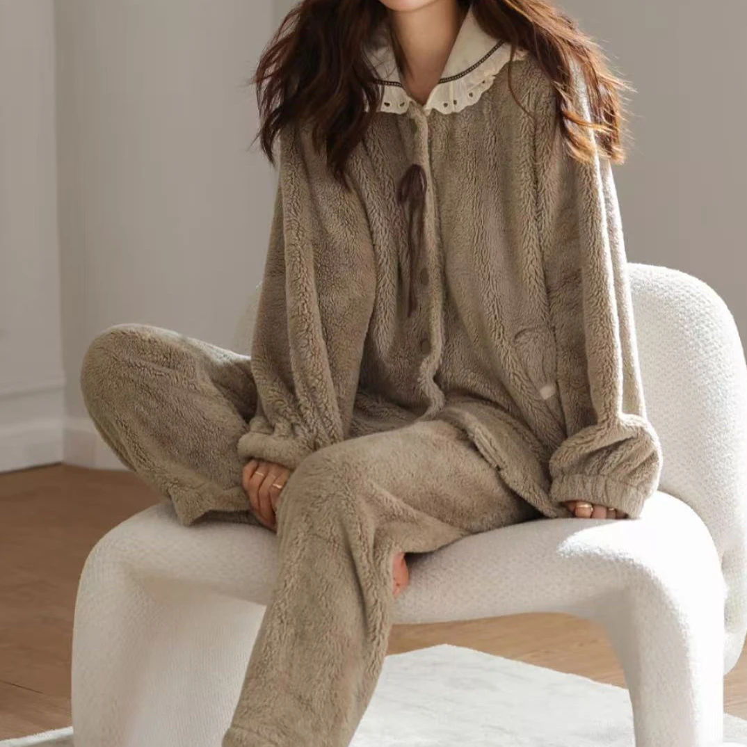 女士秋冬甜美可爱加绒保暖珊瑚绒睡衣套装