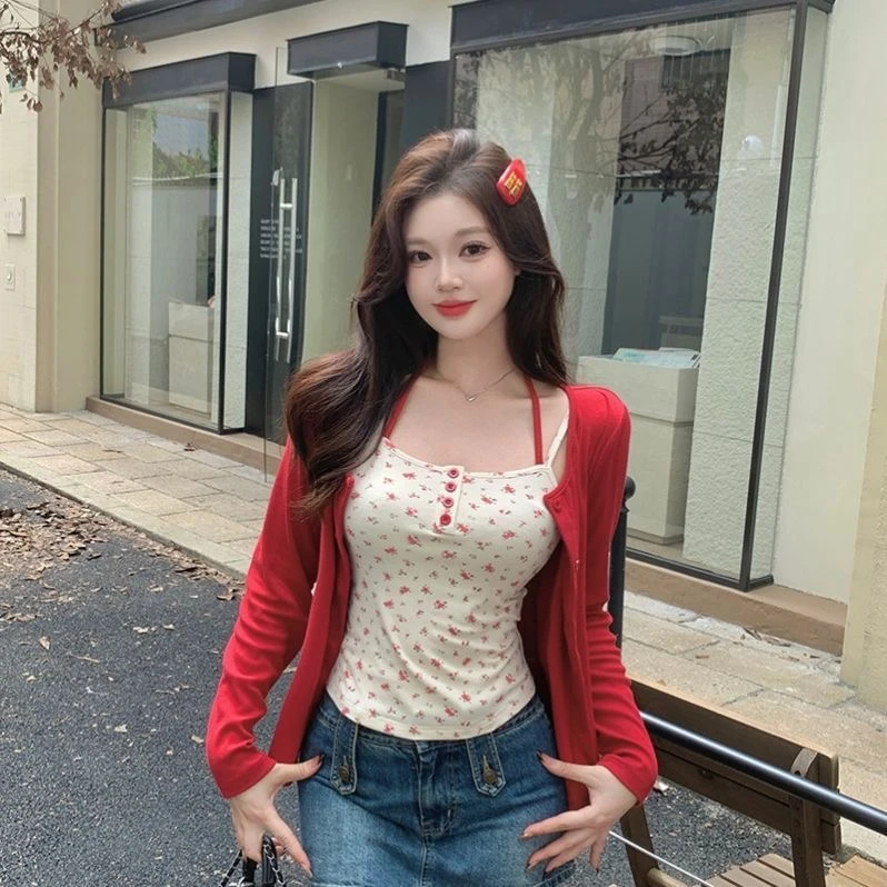 【DUOJINQI】大码春夏甜美纯欲风碎花开衫两件套辣妹显瘦多巴胺上衣