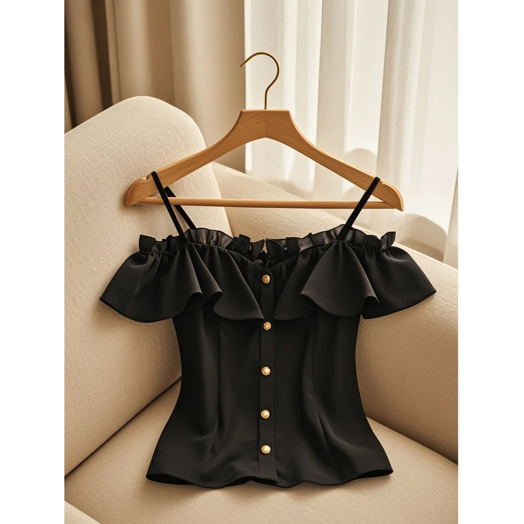 2025夏季新款韩版时尚气质显瘦百搭荷叶边衬衫洋气减龄一字肩上衣