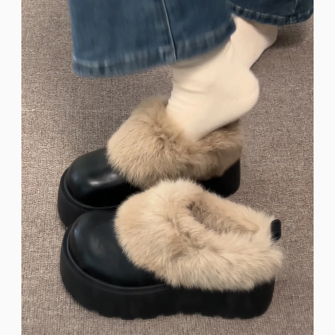 黑色加绒加厚厚底半拖勃肯鞋女2025新款冬外穿保暖增高毛毛棉拖鞋