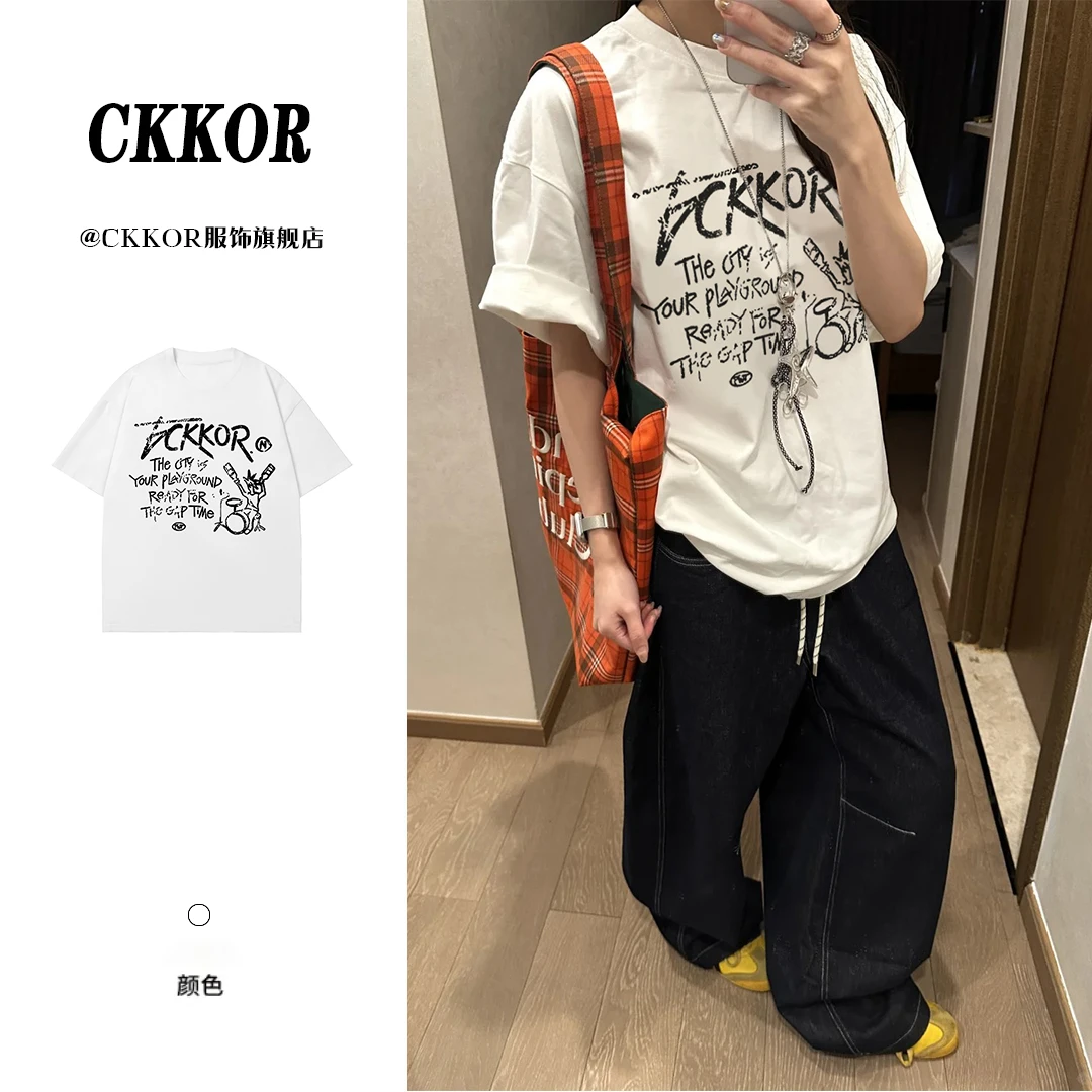 CKKOR卡通印花纯棉短袖女士t恤美式街头休闲百搭宽松圆领夏季上衣