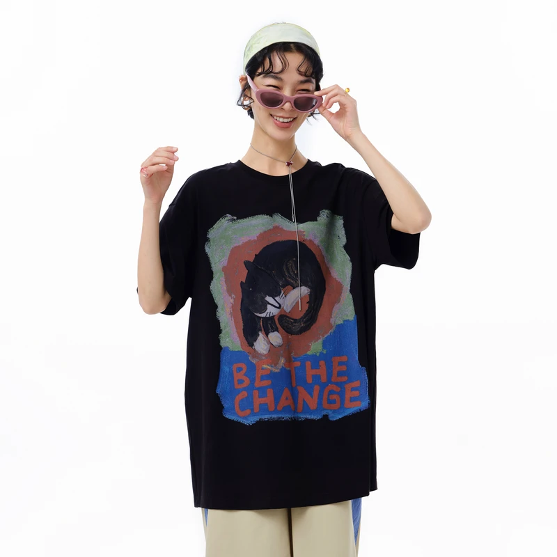 MOVEUP幻走2025夏季新款.FUN 短袖猫咪印花中长款T恤女325210567