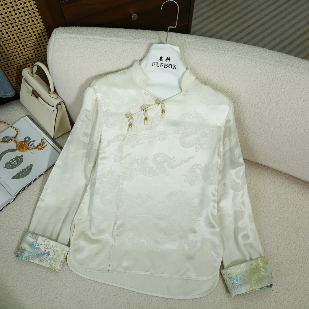 《春仲》2025新款牡丹喜鹊正肩花瓶领翻袖女上衣7358B