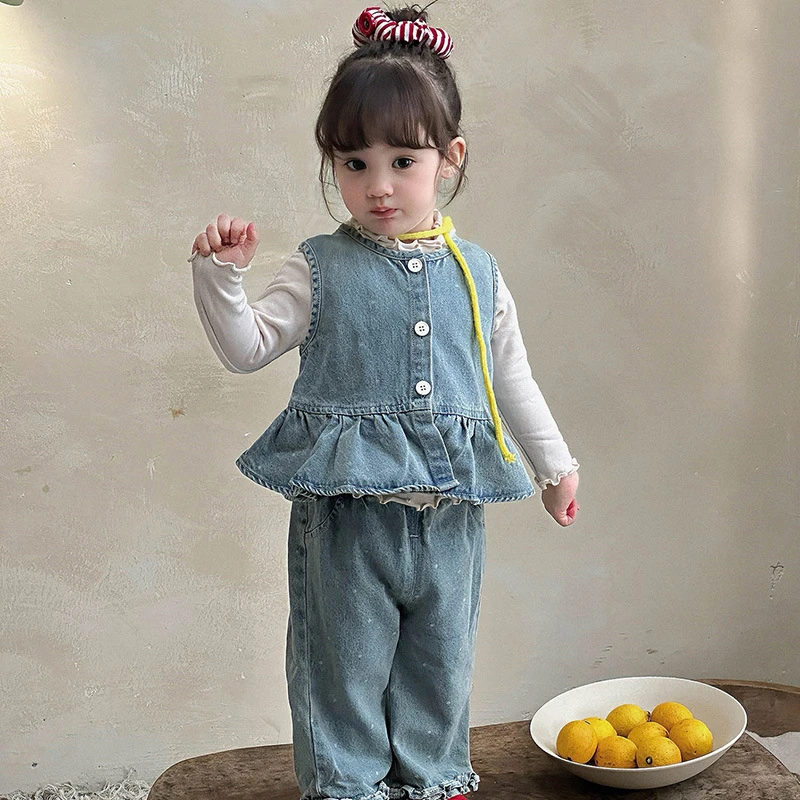 女童套装秋季2025新款婴幼儿打底恤长袖女宝牛仔直筒裤三件套类