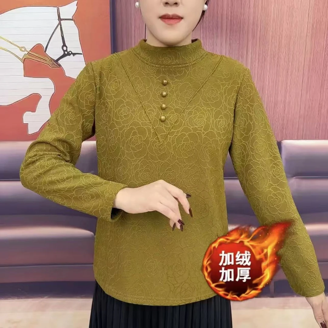 【厂家直销】2024秋冬新款妈妈装休闲百搭加绒加厚半高领保暖上衣