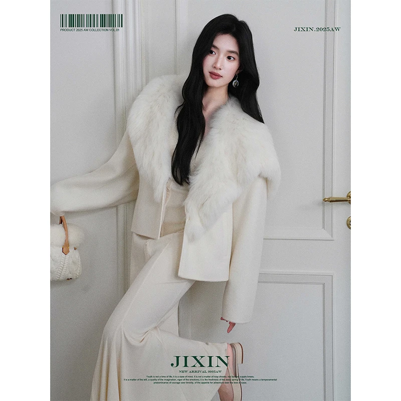 寄信/雪遇 羊毛双面呢大衣秋冬真狐狸毛领毛呢短外套女