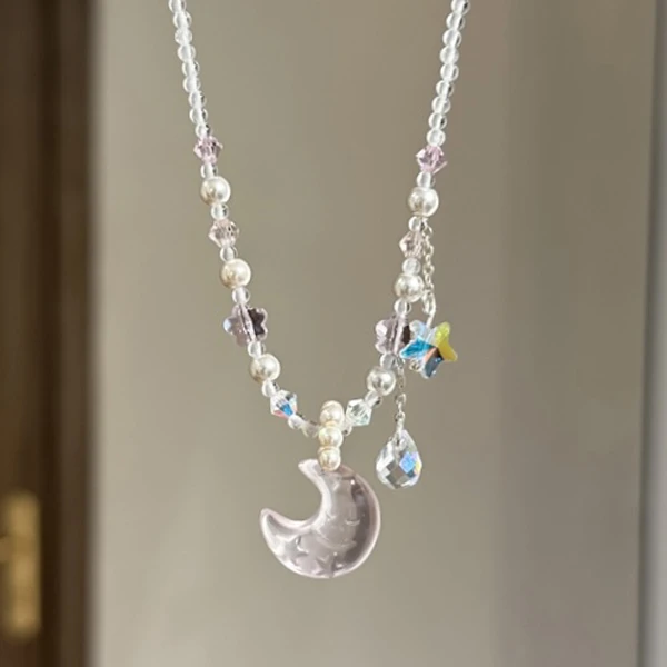 tx1269-[星月相伴]天然粉水晶胖月亮手工雕刻s925银项链