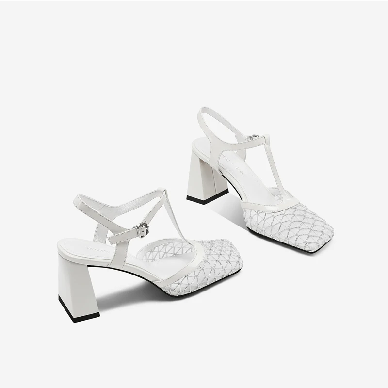 T字带网纱包头凉鞋女外穿2025夏季新款中空粗跟设计感小众高跟鞋