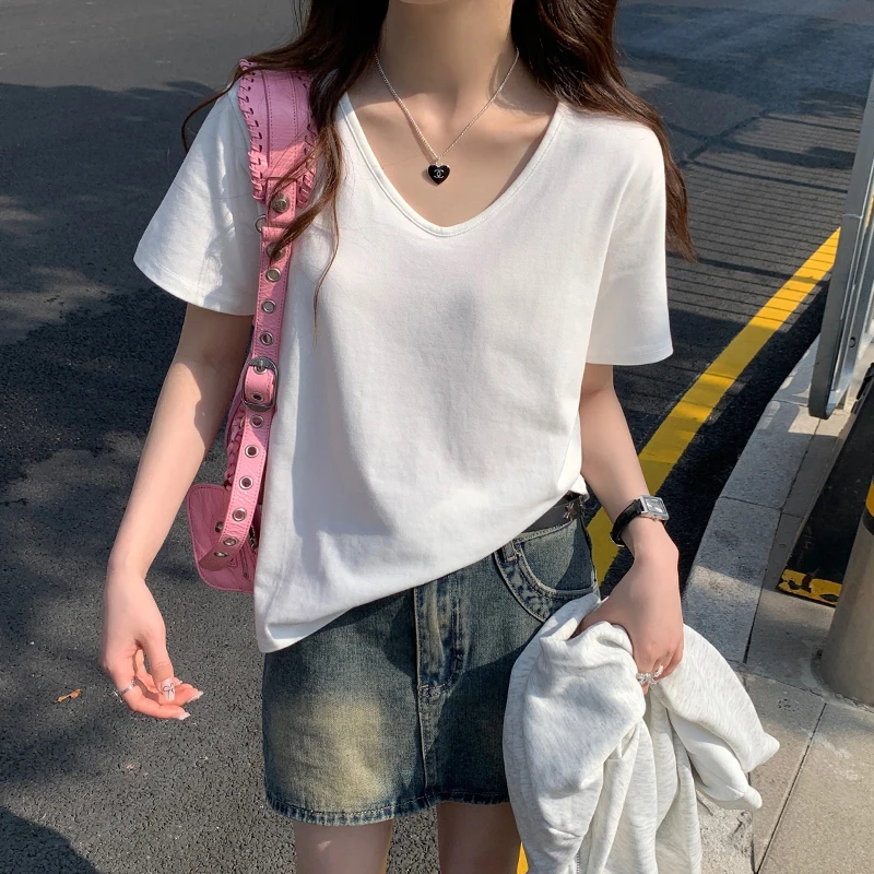 白色v领短袖t恤女2025新款打底内搭宽松显瘦百搭体恤夏季上衣ins