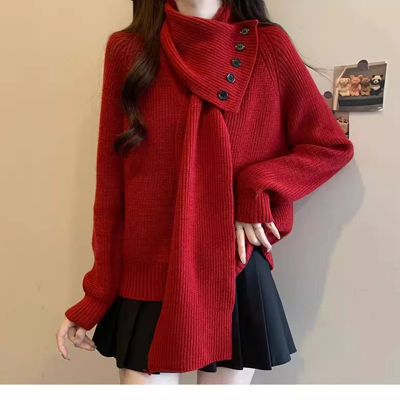 大码胖MM带围巾红色毛衣女春秋韩版宽松显瘦遮肉V领针织打底上衣