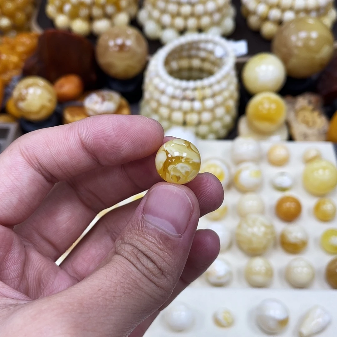 海***青蜜蜡未镶嵌珠宝奇石13.2mm【拉丝溶洞妖花】圆珠