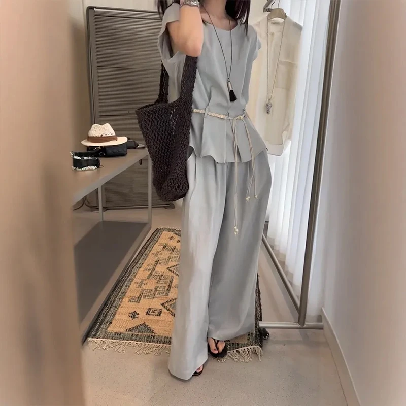 YFS 6677 主推!两件套韩版套装女夏季慵懒收腰衬衫阔腿裤两件套