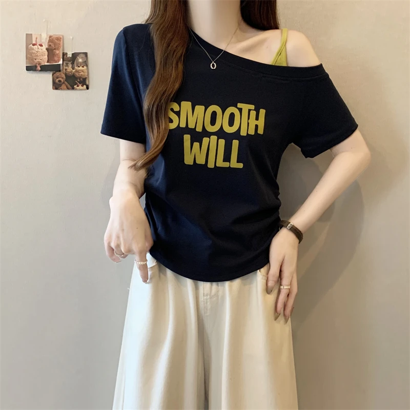 【运补6-8米】一字肩斜肩短袖t恤女2025夏季新款露肩掐腰短款小上衣