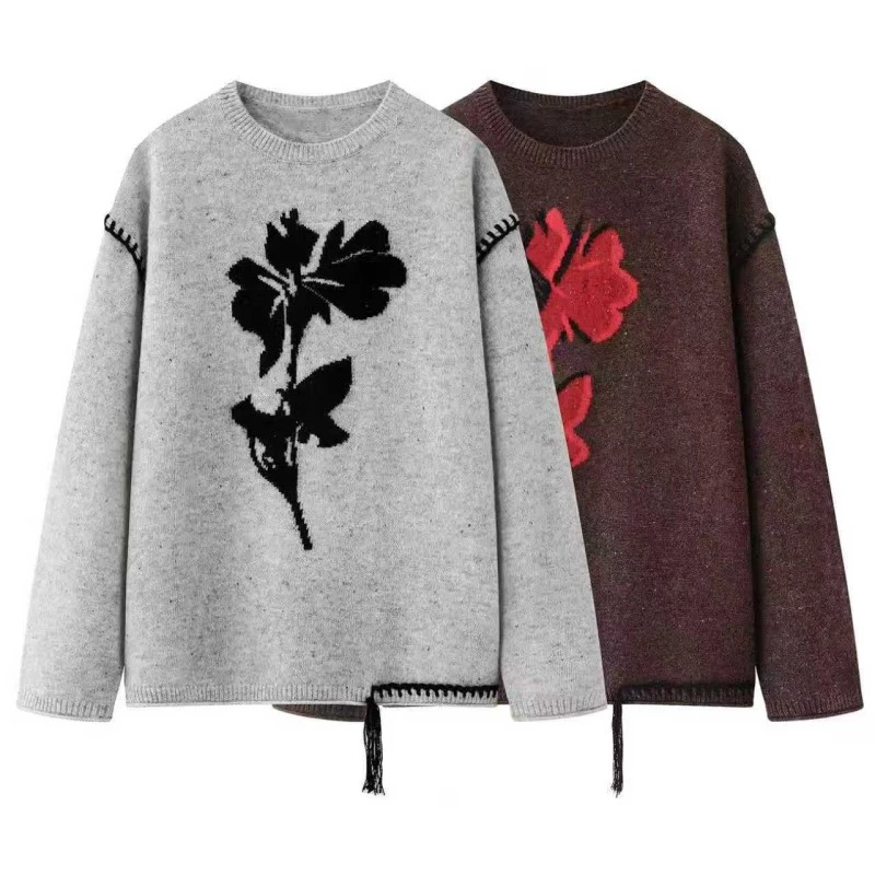 【墨影花】2025冬季新款宽松休闲提花圆领套头针织衫D2418