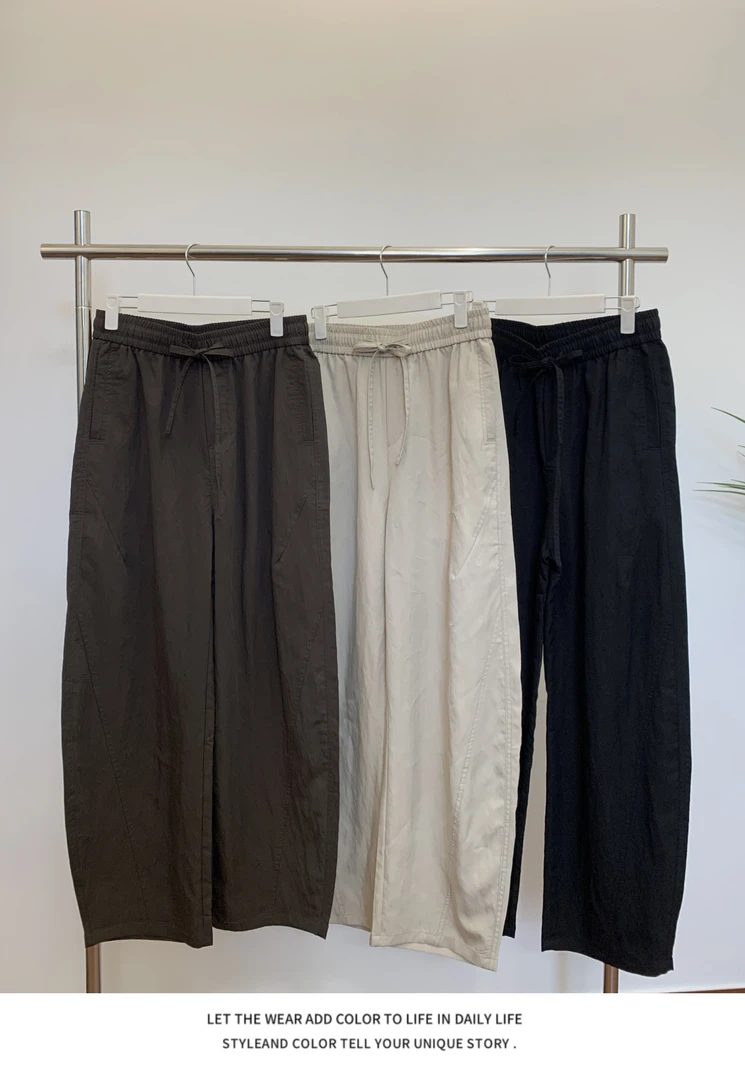 QinADe垂感松弛莱赛尔天丝超薄透气凉感阔腿弯刀裤抽绳长裤5859