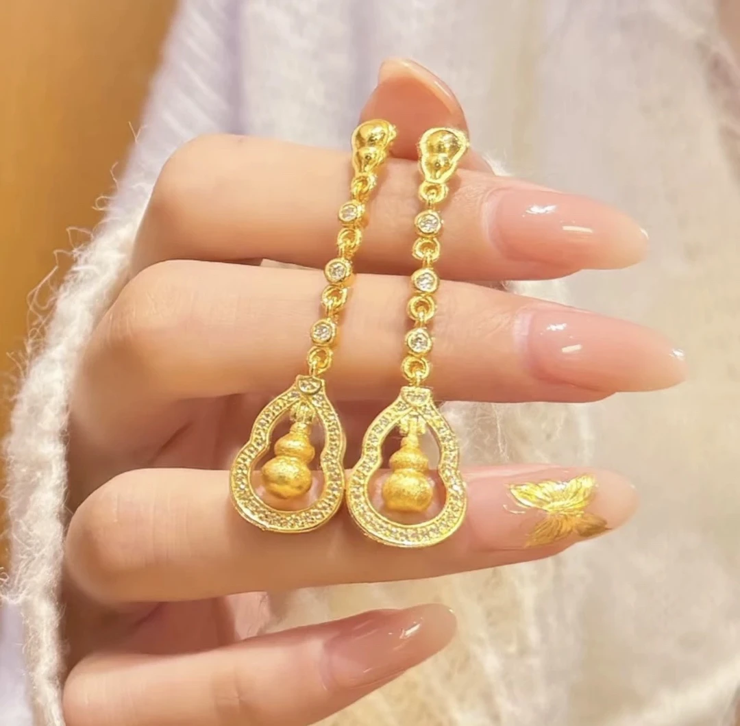 足银耳饰 镶嵌葫芦流苏耳钉气质轻奢百搭古法金色