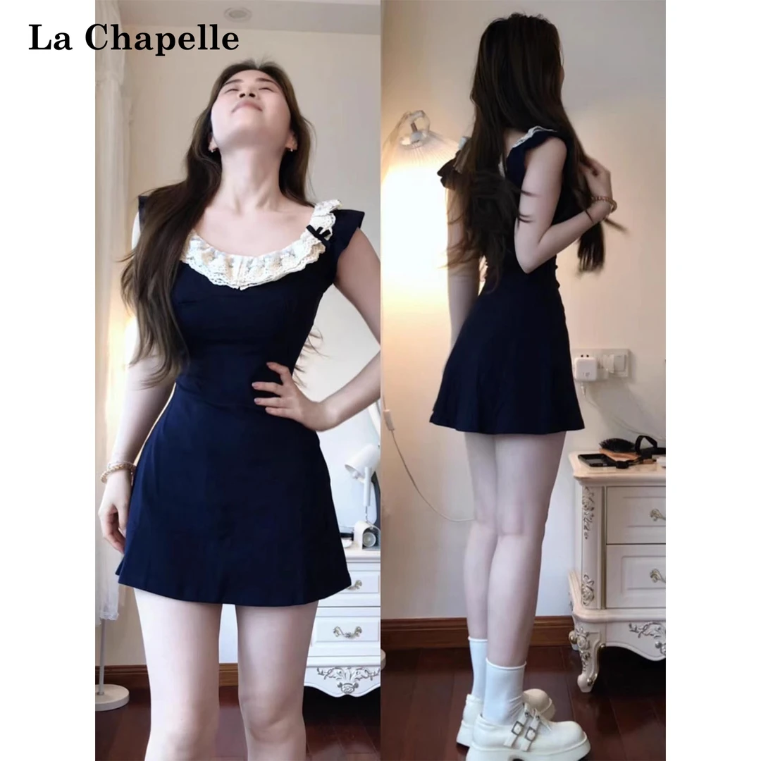 La Chapelle/拉夏贝尔法式气质蕾丝小飞袖连衣裙修身收腰包臀短裙
