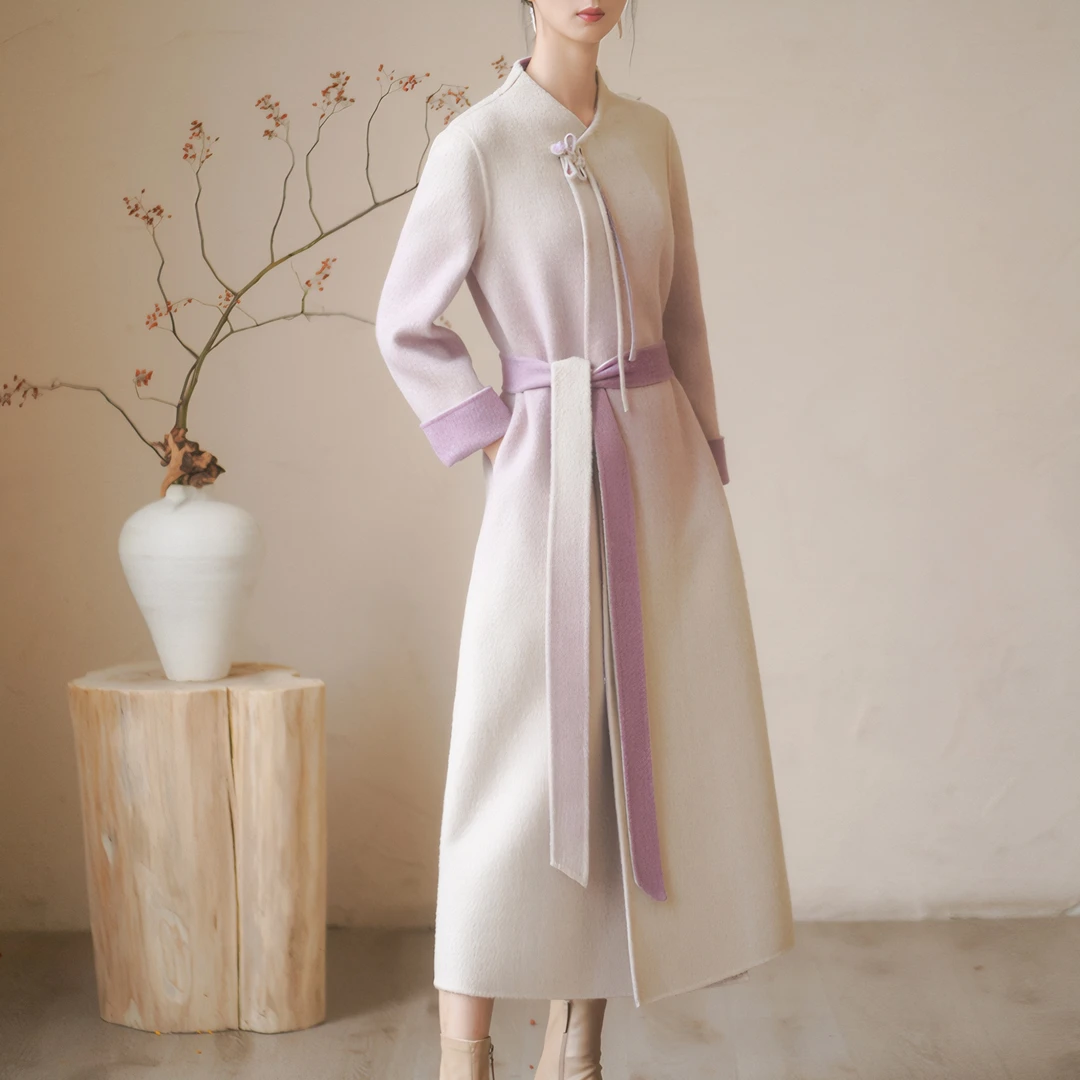 新中式现代文艺中国风毛呢外套女春冬新款改良版长袖收腰系带大衣