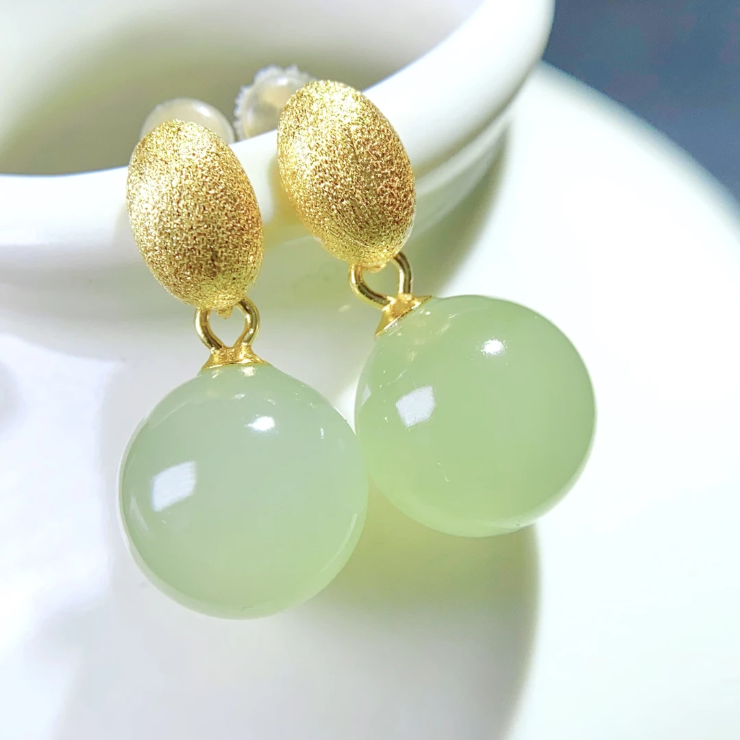 天然和田玉青海料精品冰晴水圆珠10mm耳环925银拉丝新款耳饰@0231