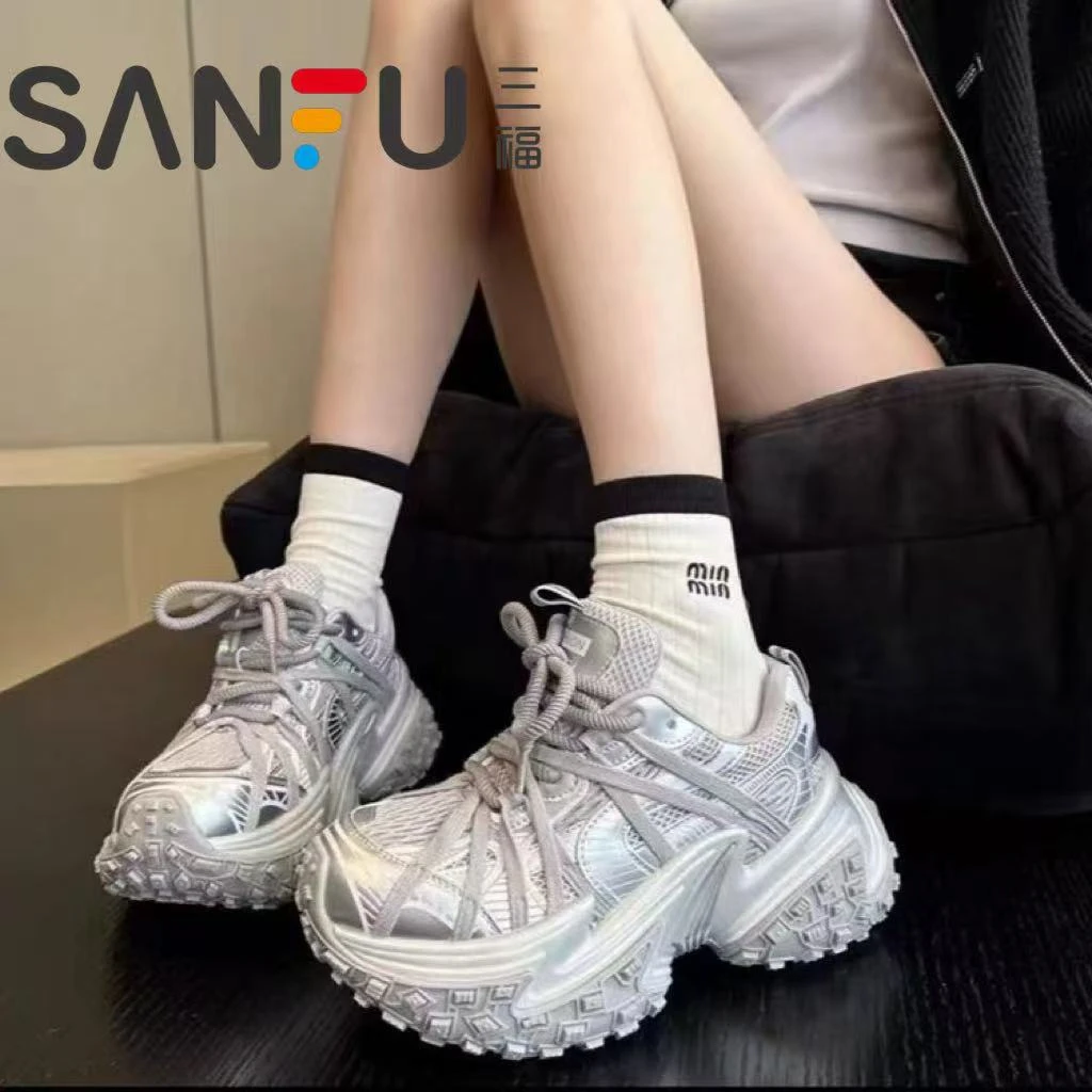 三福推荐~小众ins欧货厚底增高轮胎鞋女老爹鞋白色绑带运动休闲鞋