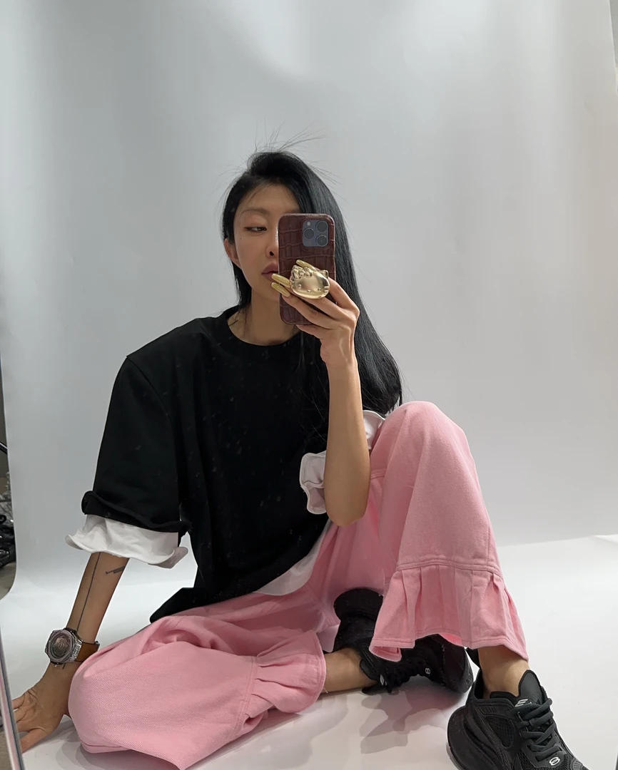 VIVISPLENDID20579-1#（定制款NO退NO换）荷叶双层袖拼接重工大T恤