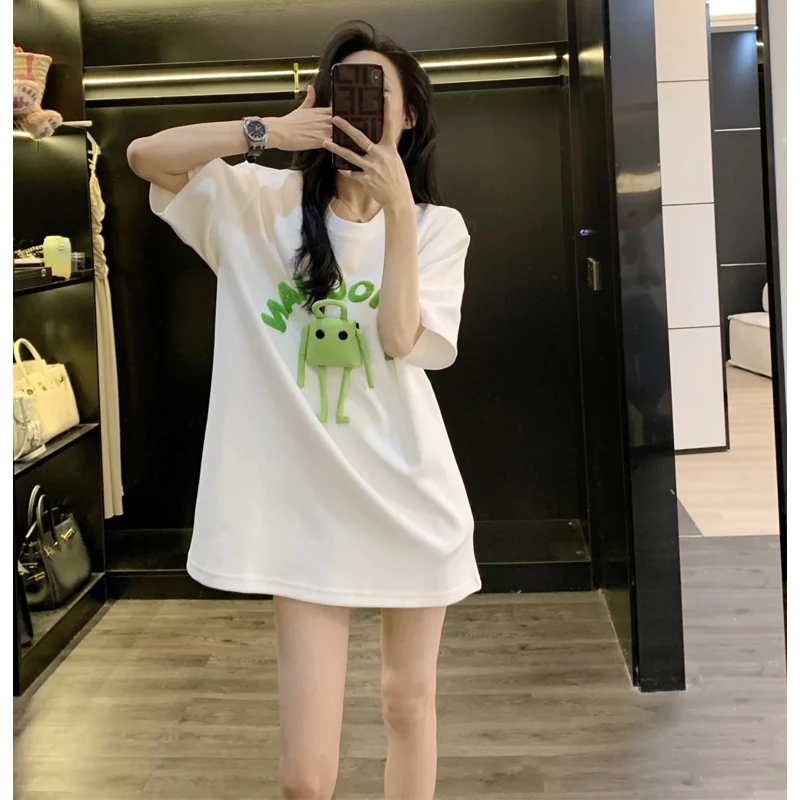 短袖女款爆款2025新款印花字母卡通动漫玩偶图案大码夏季宽松T恤