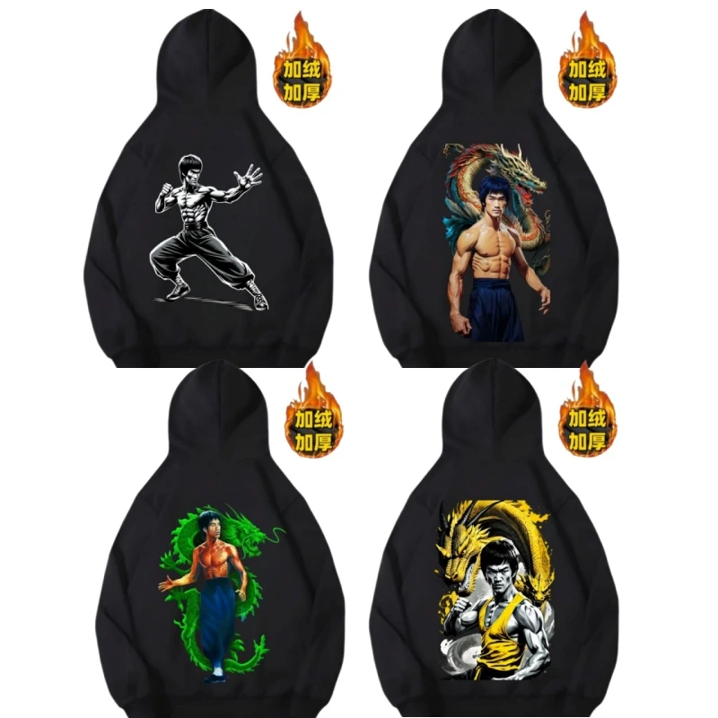 秋冬男装国潮李小龙宽松大码加绒加厚全棉长袖卫衣男潮衬衫保暖衣