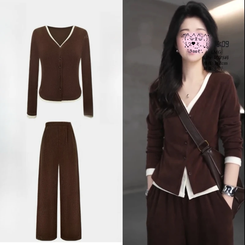 显瘦假两件开衫上衣阔腿裤套装女2024秋季新休闲运动两件套