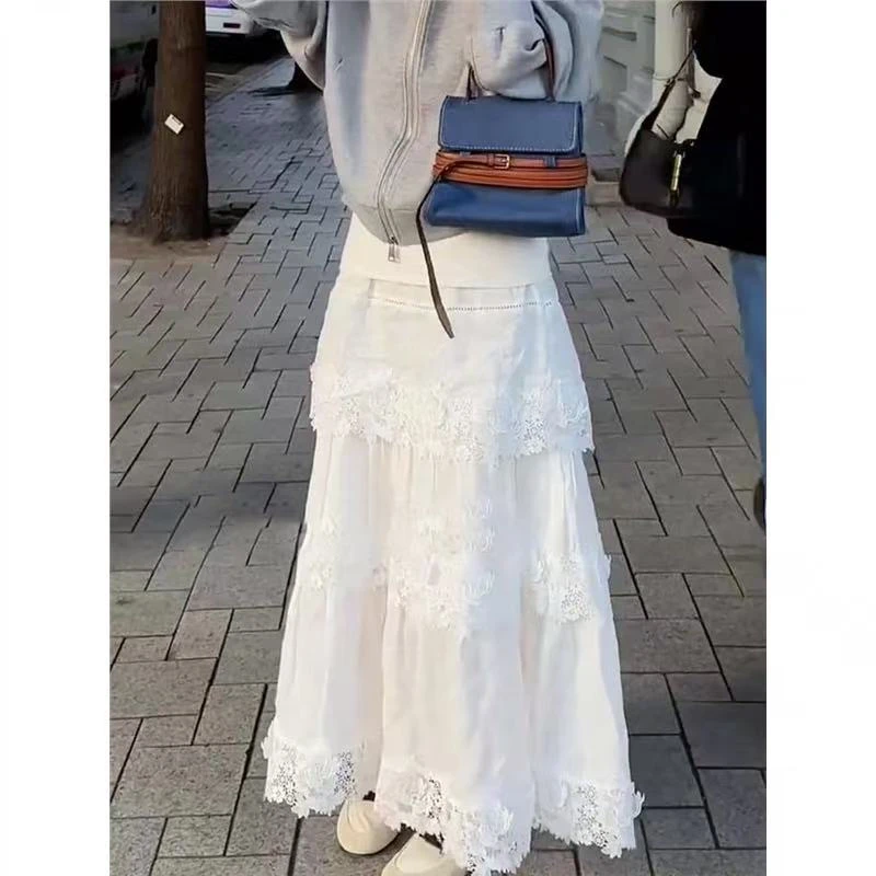 法式白色蕾丝半身裙女2025春季新款洋气镂空钩花a字裙高腰休闲裙