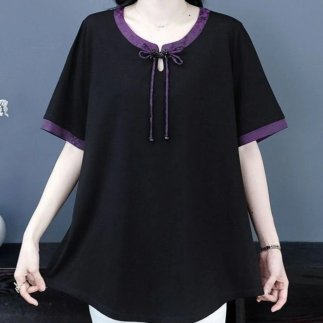 丹思慕2025夏季新款贵夫人复古拼接盘扣加肥加大短袖上衣240236