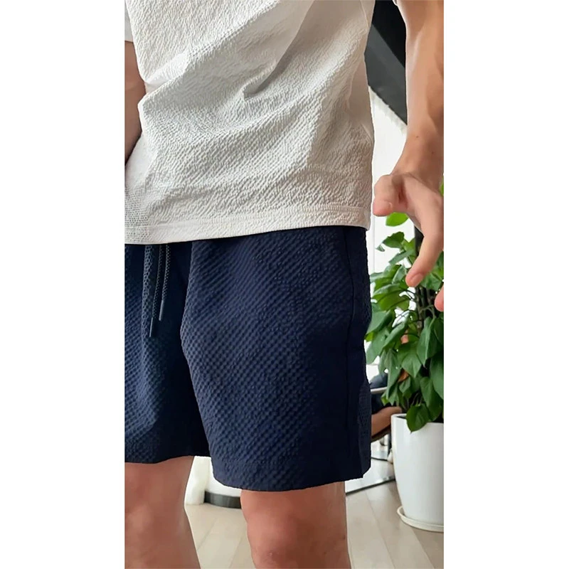 藏青色泡泡纱4分短裤男士夏季薄款美式速干运动裤不过膝五分中裤