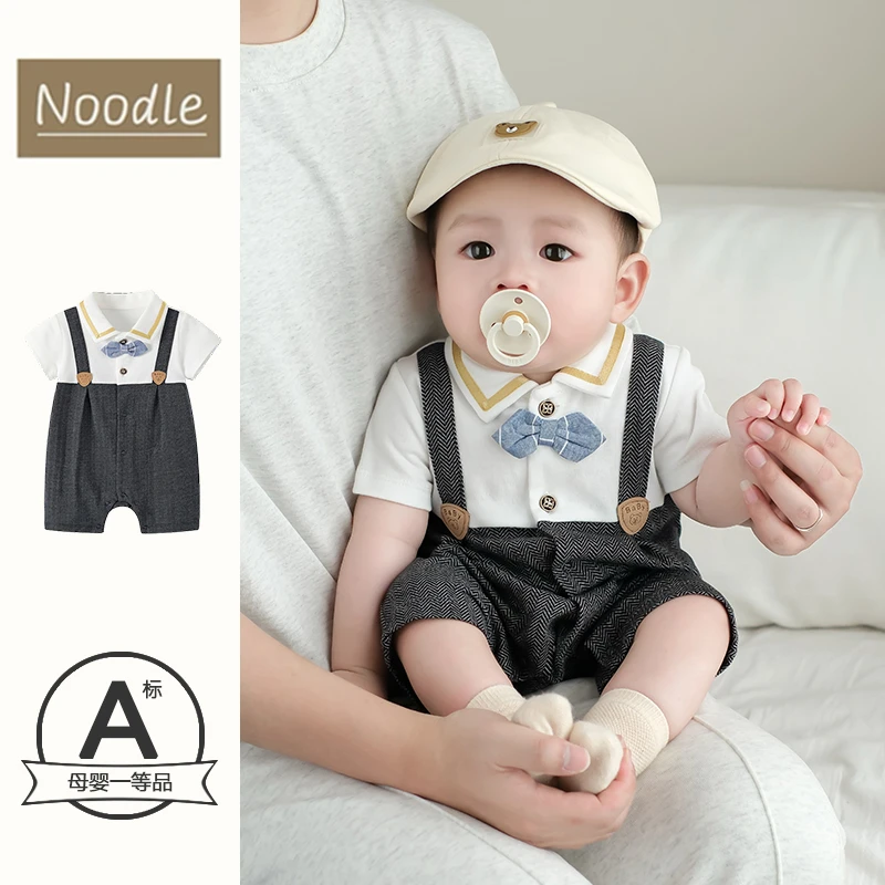 男童薄款夏季衣服婴儿洋气绅士西装假两件连体衣爬服宝宝周岁礼服