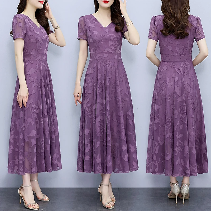 优雅紫色提花雪纺连衣裙女装夏季2024新款时尚妈妈V领大摆长裙子
