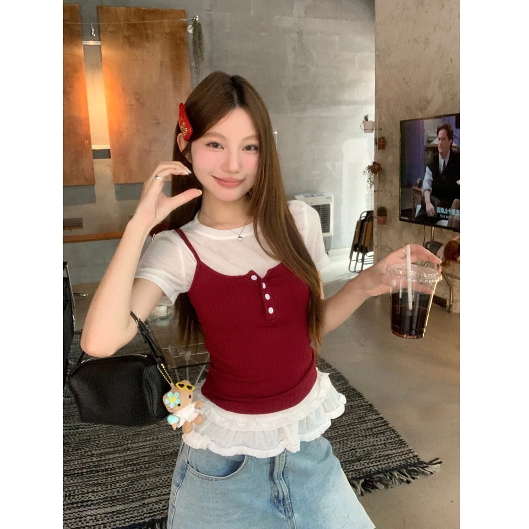 甜美木耳花边短袖T恤打底衫韩系叠穿吊带背心女夏季时尚两件套装