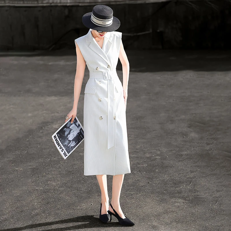 MEXCOCO/兰瑟儿2025新款气质通勤无袖双排扣收腰中长裙105XL8302