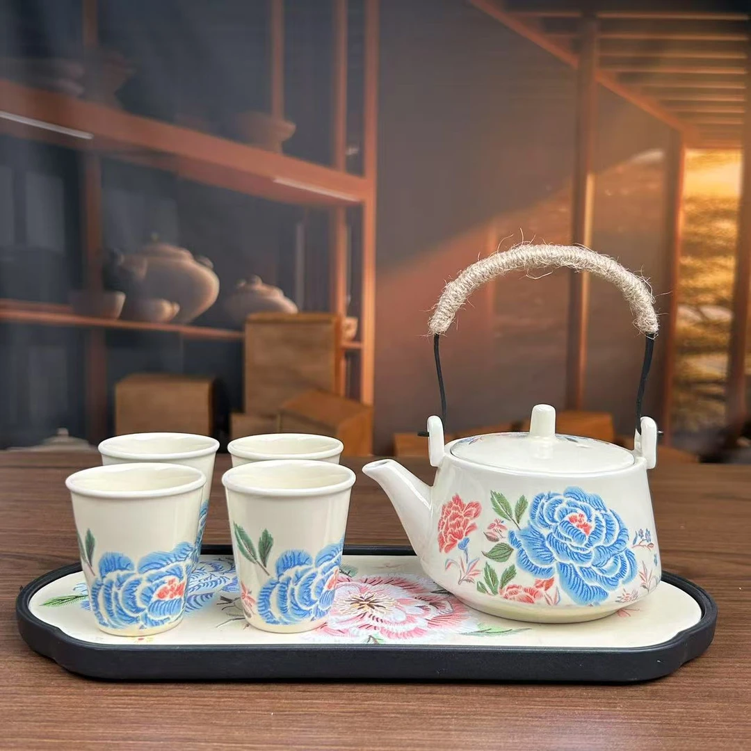 黄汝(麻绳)提梁壶刺绣蓝牡丹一壶四杯(日式杯)-ZH1193