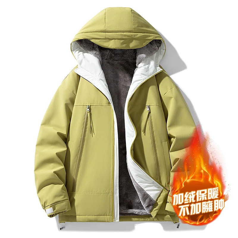 男加绒加厚款连帽夹克外套潮流防风加厚加肥大码宽松保暖情侣户外