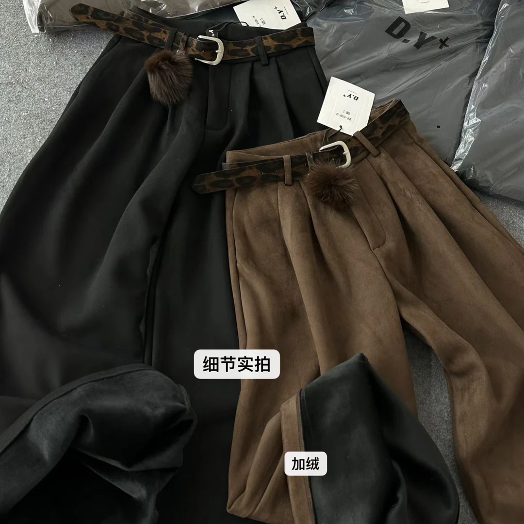 秋冬新款美拉德咖色加绒毛呢阔腿高腰直筒拖地女裤