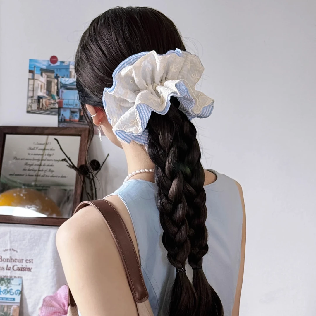 韩系小清新条纹蕾丝双层大肠发圈高级感新款扎发发圈超大头绳发饰