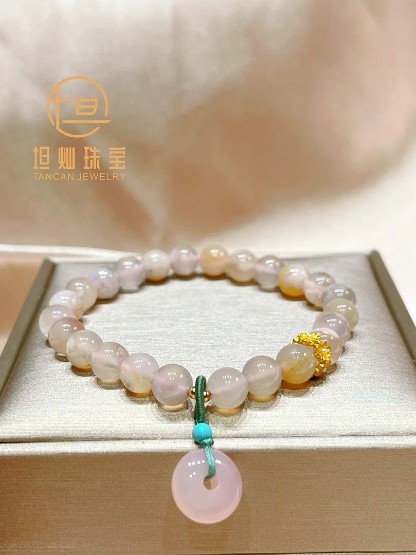 天然单圈樱花玛瑙搭平安扣加精美配件款手串1152